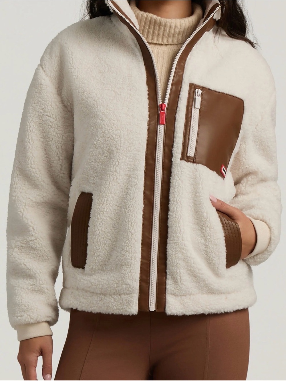 Hunter Emma High Pile Fleece Jacket, Size Small, Full zip, Cream Brown, New